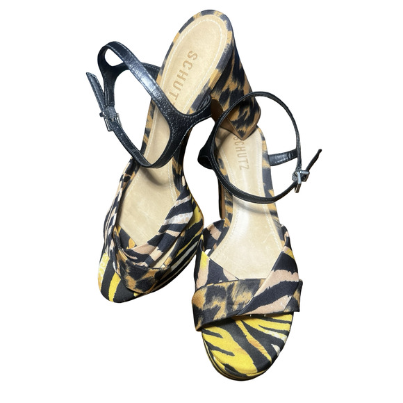 Schutz Platform Shoes Womens Size 7B Block Heel Animal Print Sandals - Picture 2 of 9